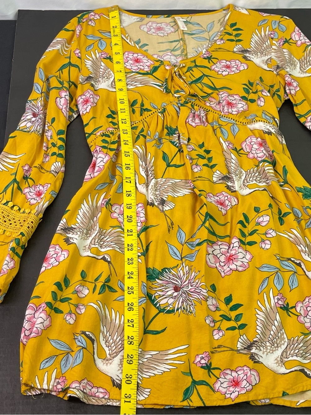 Xhilaration Yellow Boho Mini Dress with Pink Flowers & Cranes Size Small - Picture 10 of 15